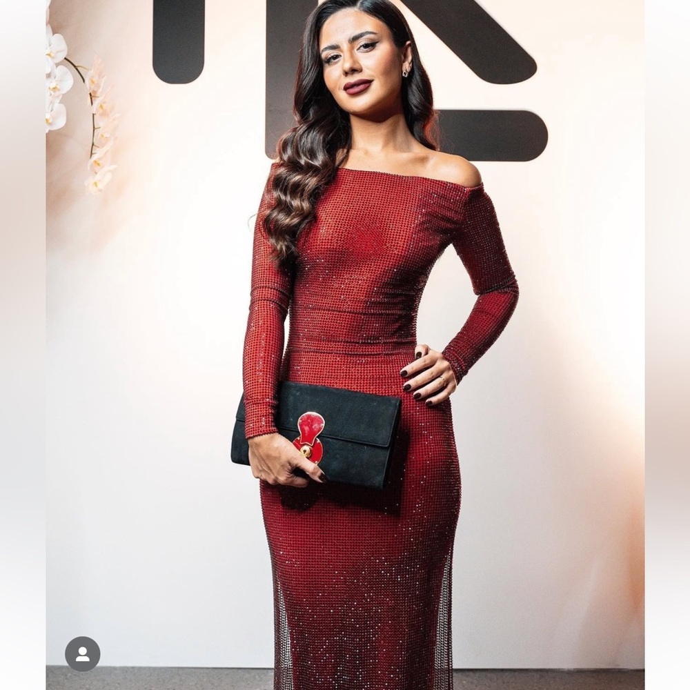 RALPH LAUREN PURPLE LABEL MINALI OFF SHOULDER CRYSTAL EMBELLISHED GOWN